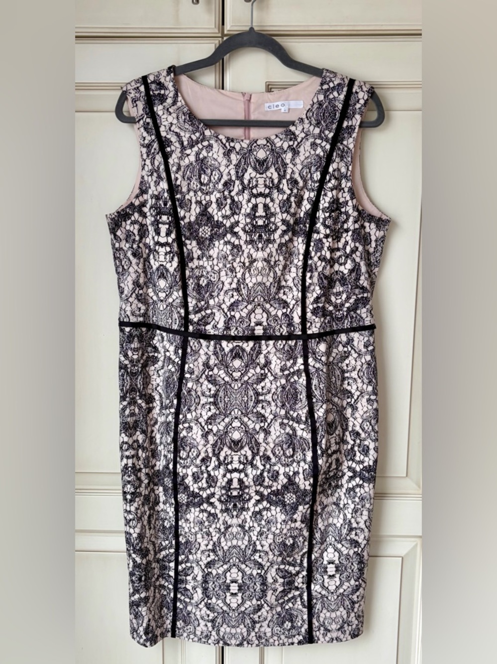 cleo Blush and Black Lace-Print Sheath Dress. Sz 12.